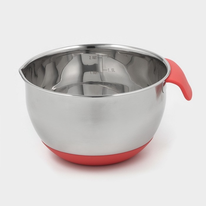 Миска из нержавеющей стали, 2 л, 22&times;19&times;11,5 см, с противоскользящим дном и мерной шкалой, силиконовая ручка