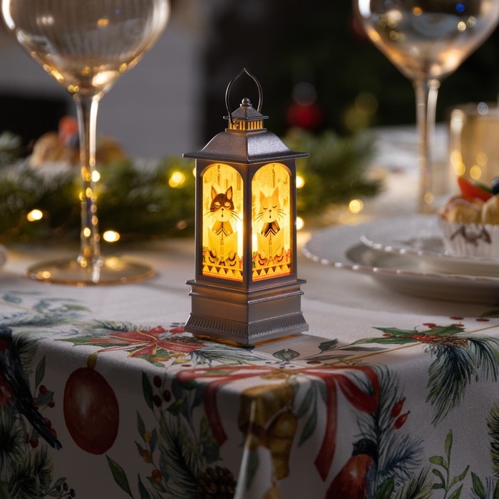 Светодиодная фигура &laquo;Серебристый фонарь с котиками&raquo; 5 &times; 12 &times; 5 см, пластик, батарейки AG13х3 (в комплекте), свечение тёплое белое