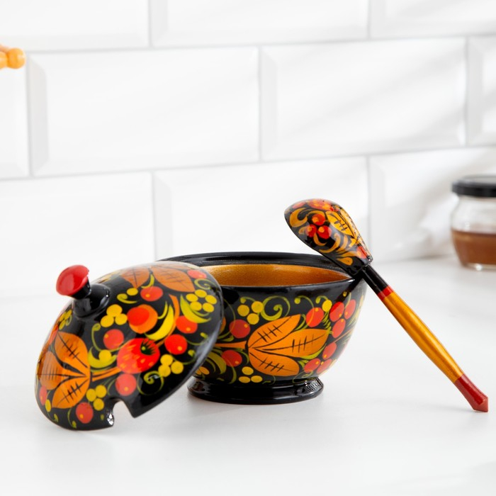 Сахарница, с ложкой, 10,5&times;7,5 см, хохлома