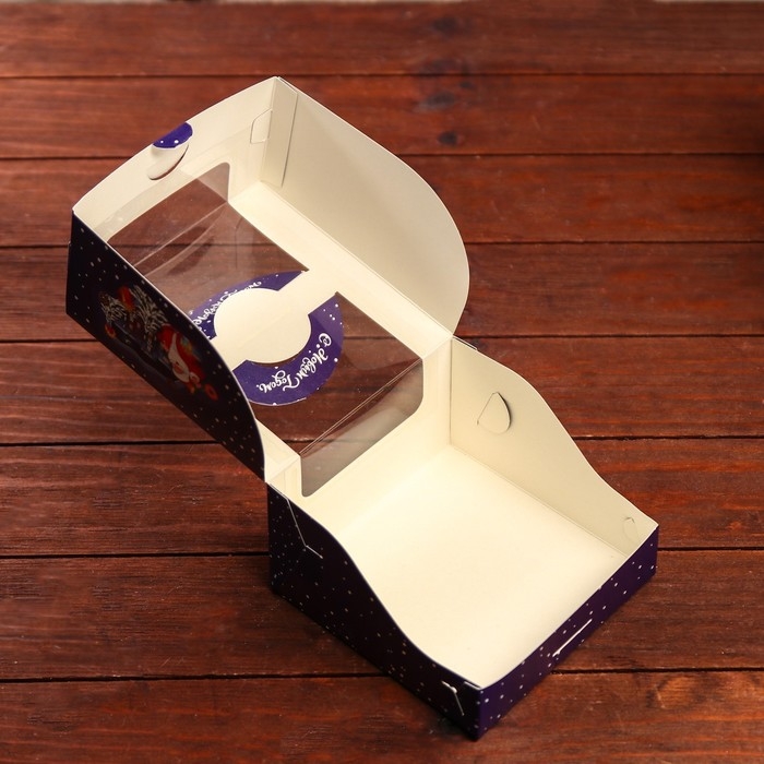 Новый год. Коробка новогодняя под бенто-торт с окном "Новогодняя ночь", 14 х 14 х 8 см.