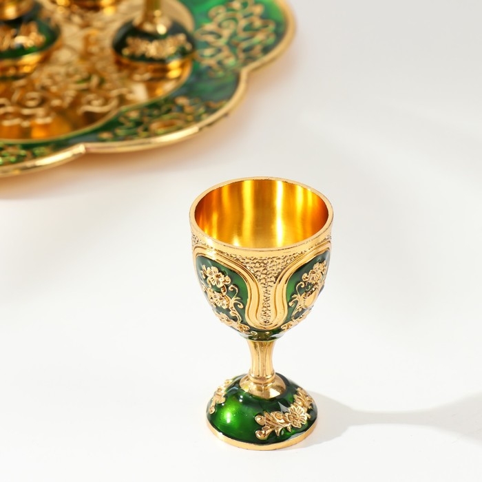 Набор винный кувшин, 6 бокалов и поднос "Турция. Цветы и узоры" зелёный с золотом
