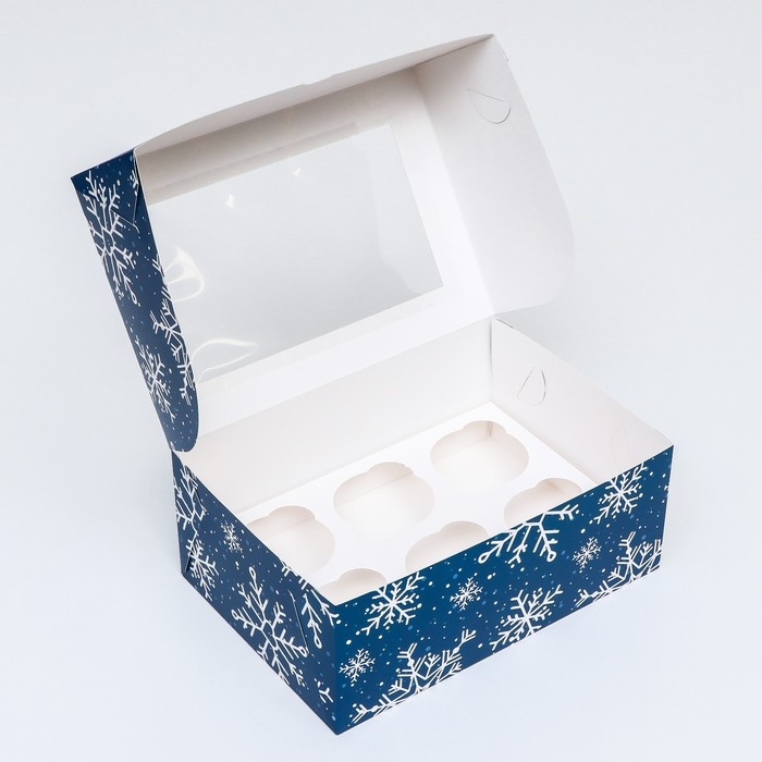Новый год. Коробка для 6 капкейков с окном "Снежинки", 25 х 17 х 10 см, упаковка