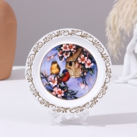 Панно-тарелка &laquo;Птицы и скворечник&raquo;, белая, D = 14,8 см, лаковая миниатюра