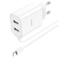 Сетевое зарядное устройство Hoco C103A, 2 USB, 2.1 А, встроенный кабель Lightning, 1 м,белое Сетевое зарядное устройство Hoco C103A, 2 USB, 2.1 А, встроенный кабель Lightning, 1 м,белое