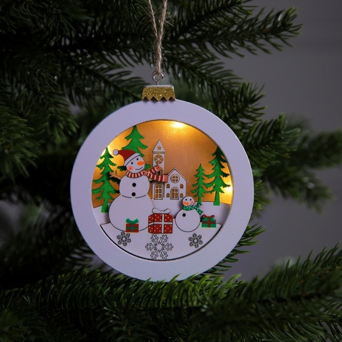 Ёлочная игрушка &laquo;Снеговики в лесу&raquo;, от батареек, свечение тёплое белое