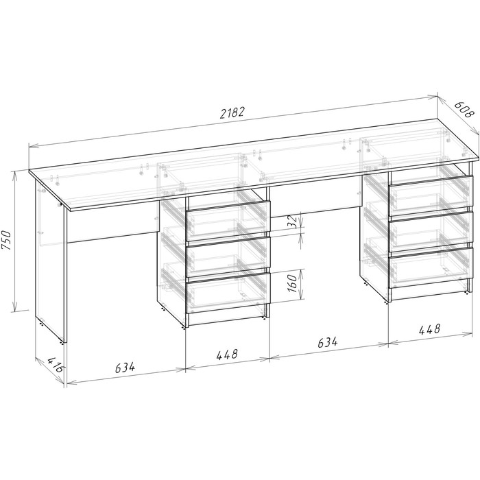 Стол письменный тандем Зара 0,75х2,18х0,61м