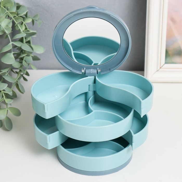 Шкатулка для украшений пластик, зеркало Шкатулка для украшений пластик, зеркало "Круглая. Четыре уровня" голубая 10х10х10 см