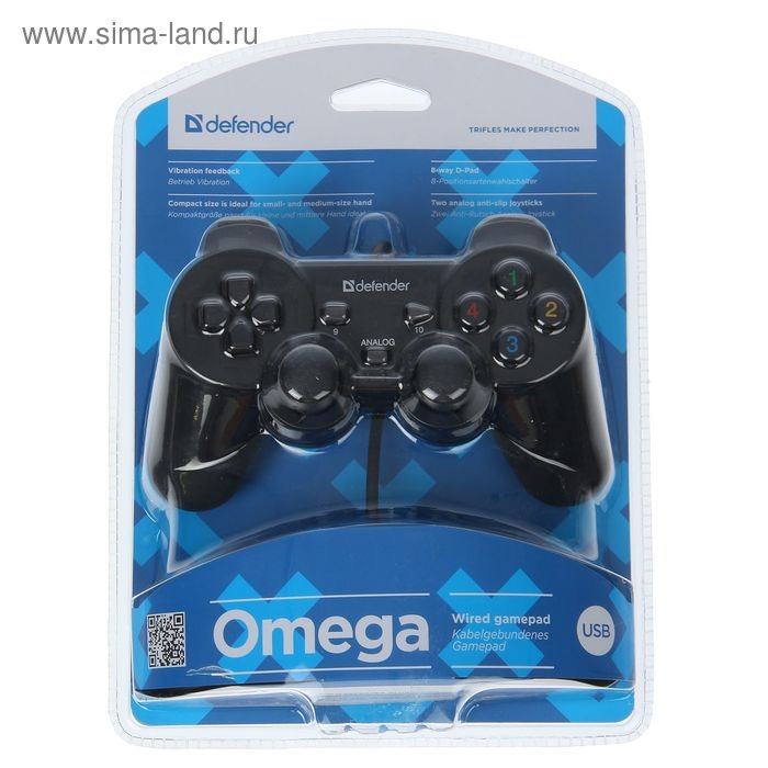 Геймпад Defender Omega USB, проводной, вибрация, для PC, USB, черный