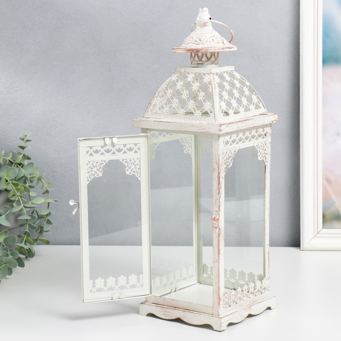 Подсвечник металл Подсвечник металл "Фонарь - белые кружева" набор 2 шт белый 17х17х52, 13х13х39,5 см