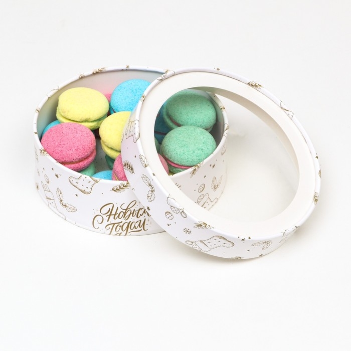 Новый год. Коробка подарочная новогодняя для макарун тубус с окном "С Новым годом" 18 х 18 х 6 см.