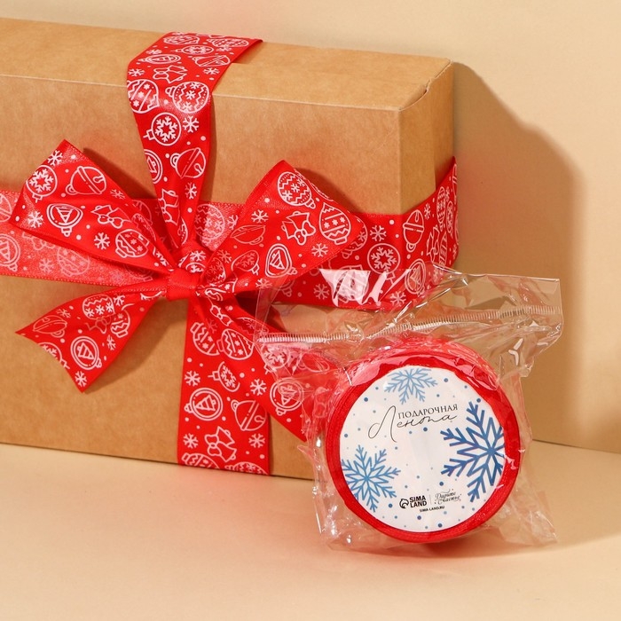 Лента атласная &laquo;Ёлочные украшения&raquo;, красная , 4 см &times; 5 м