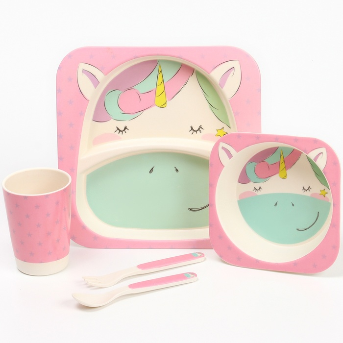 Набор бамбуковой посуды &laquo;Единорожка&raquo;, тарелка, миска, стакан, приборы, 5 предметов