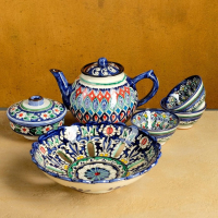 Набор чайный Риштан, 9 предм: чайник 1л., 6 пиал 9,5см, конфетница 23см, сахарница 250м Набор чайный Риштан, 9 предм: чайник 1л., 6 пиал 9,5см, конфетница 23см, сахарница 250м