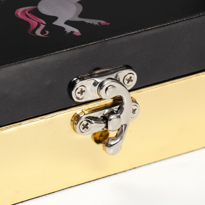 Шкатулка дерево "Розовые единороги на чёрном" кожзам глянец 5,5х24х17 см