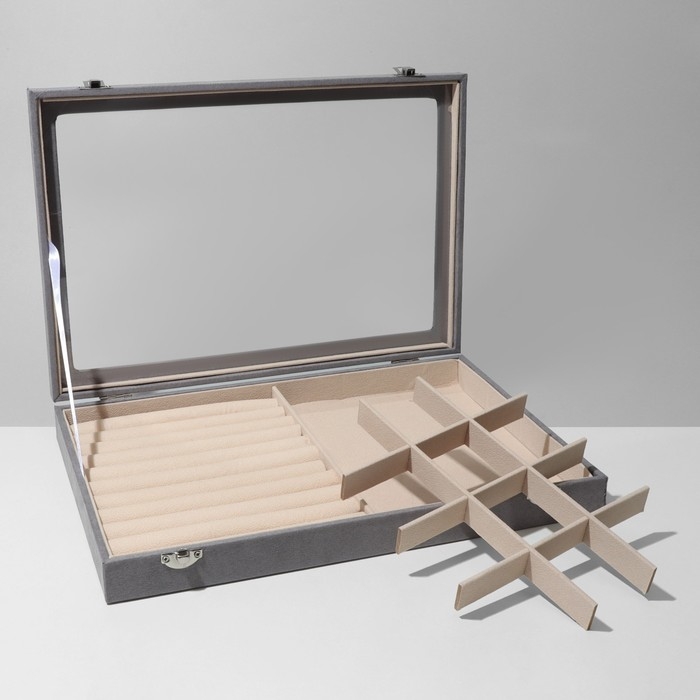 Подставка для украшений &laquo;Шкатулка&raquo; 10 рядов, 12 ячеек, флок, 35&times;24&times;4,5, стеклянная крышка, цвет серо-бежевый