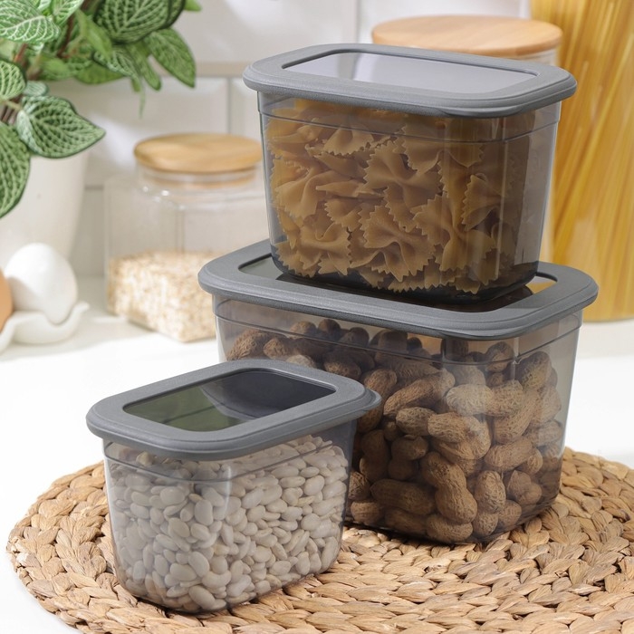 Набор ёмкостей для сыпучих продуктов «Респект», 3 шт, 0,8 л, 1,3 л, 2,3 л, прозрачные, крышка серая Набор ёмкостей для сыпучих продуктов «Респект», 3 шт, 0,8 л, 1,3 л, 2,3 л, прозрачные, крышка серая