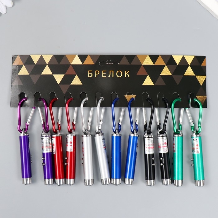 Фонарик+лазер на карабине 2 режима Фонарик+лазер на карабине 2 режима "Металлик" МИКС 9,2х1,3х1,3 см