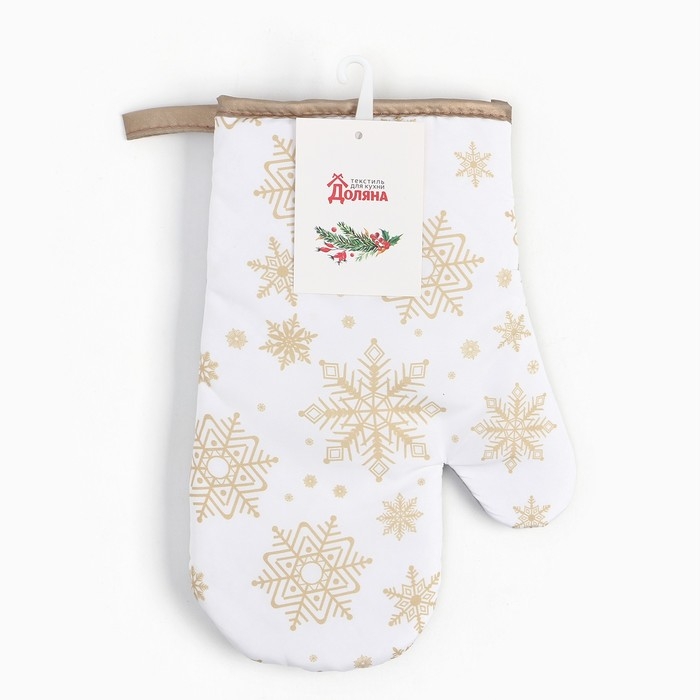 Новый год.Варежка Доляна Снежинки золотые 26*16 см, 100% п/э Новый год.Варежка Доляна Снежинки золотые 26*16 см, 100% п/э