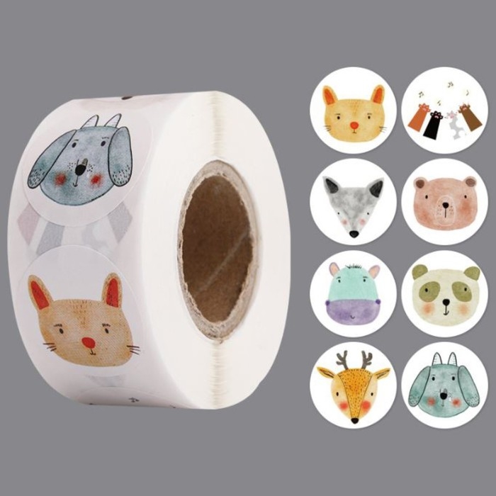 Наклейка бумага Наклейка бумага "Акварельные звери" d=2,5 см 500 шт в рулоне 3х6,5х6,5 см