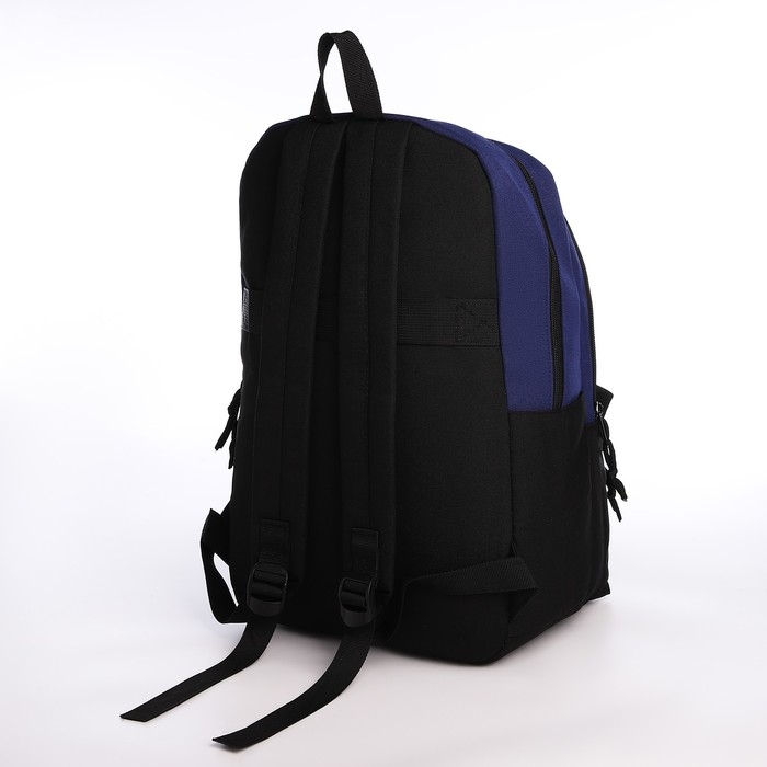Рюкзак школьный из текстиля на молнии, 3 кармана, сумка, держатель для чемодана, цвет чёрный/синий