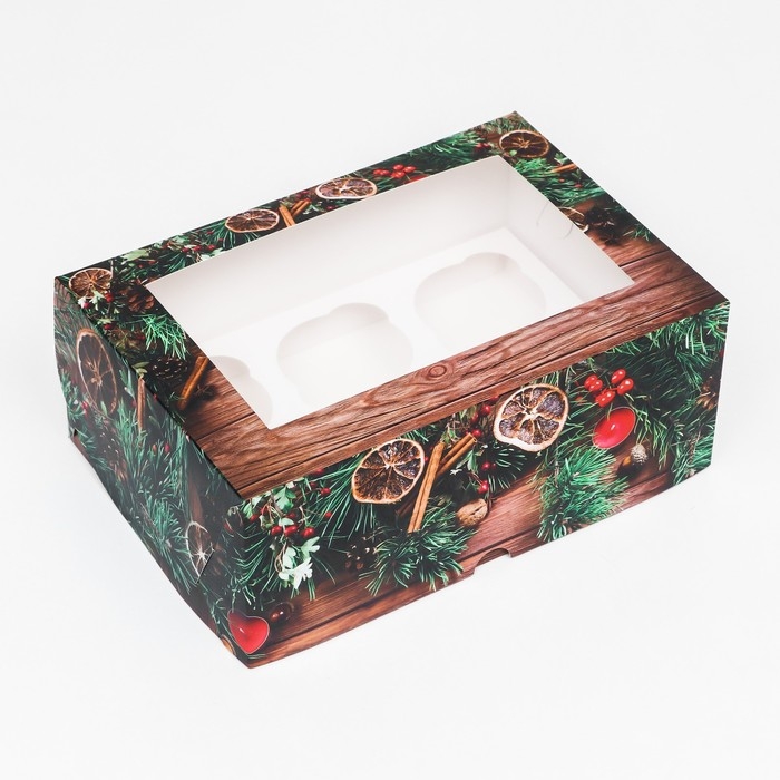 Новый год. Коробка для 6 капкейков с окном "Подарок для тебя", 25 х 17 х 10 см, упаковка