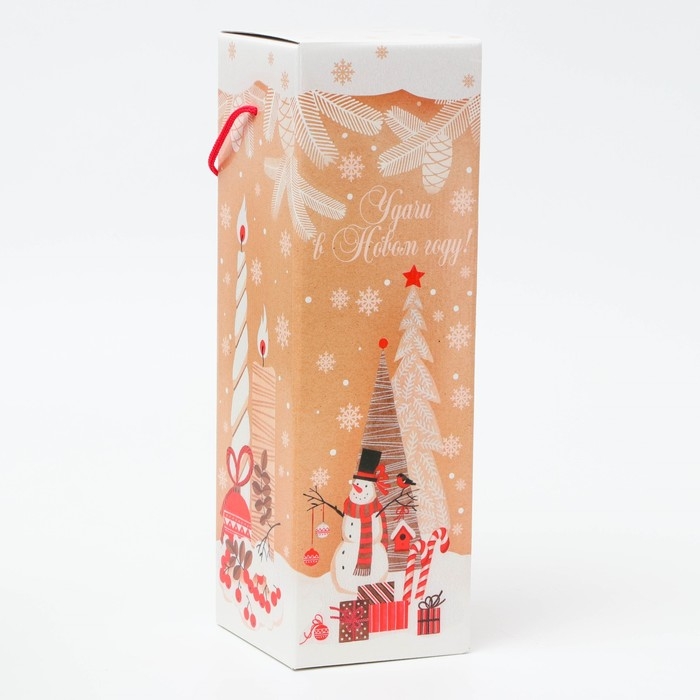 Новый год. Подарочная коробка, Новогодняя под шампанское Новый год. Подарочная коробка, Новогодняя под шампанское "Елочки" с веревочной ручкой 11 х 11 х 35 см.