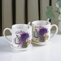 Набор кружек керамических с ложками и подставками &laquo;Букет лаванды&raquo;, 2 предмета: 330 мл, рисунок МИКС