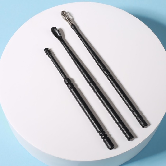 Набор для чистки ушей, 3 предмета, в пластиковом футляре, 10,5 &times; 3 &times; 1 см, цвет чёрный