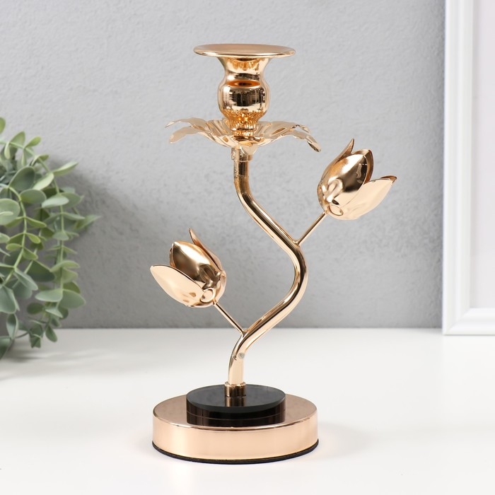 Подсвечник металл, акрил на 1 свечу Подсвечник металл, акрил на 1 свечу "Золотые тюльпаны" d=2-6 см 10х10х22,5 см