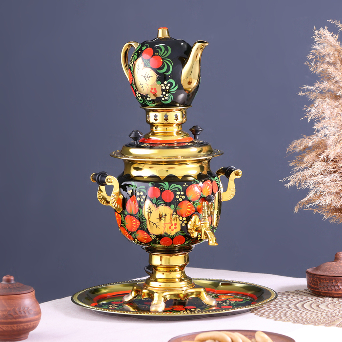 Набор &laquo;Хохлома&raquo;, овал, 3 предмета, самовар 3 л, заварочный чайник 0,7 л, поднос