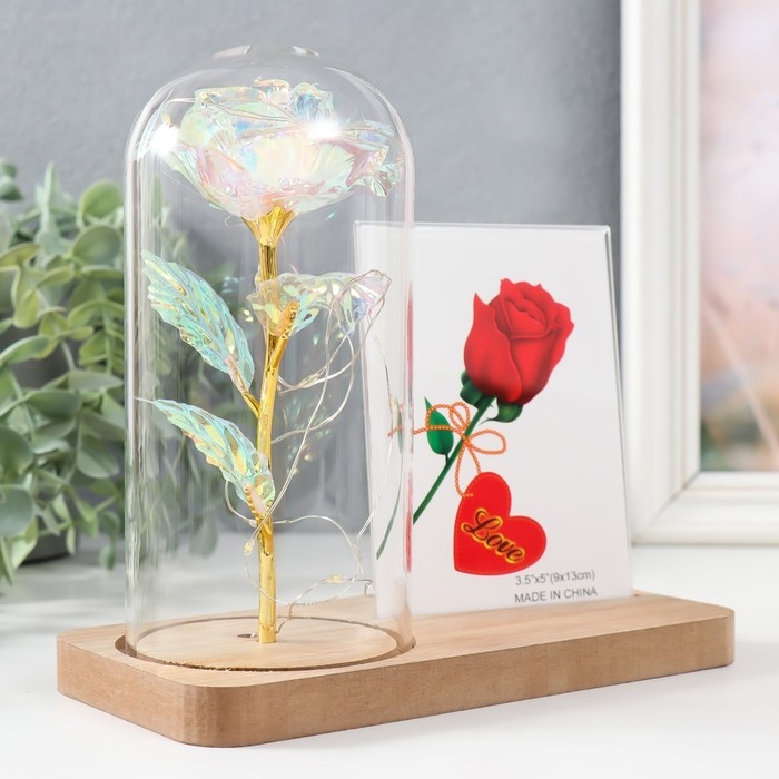 Фоторамка 9х13 см свет "Голография. Роза в колбе" от батареек 2хLR1130 9,8х19,5х18 см