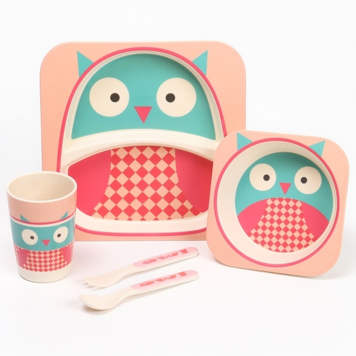 Набор детской посуды из бамбука &laquo;Совушка&raquo;, 5 предметов: тарелка, миска, стакан, столовые приборы