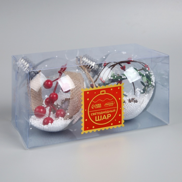 Набор ёлочных шаров &laquo;Ветка ели и ягоды&raquo; 2 шт., батарейки, 5 LED, свечение тёплое белое