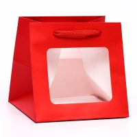 Пакет крафт с квадратным дном и окном,  15 х 15 х 15 см, красный, 1шт
