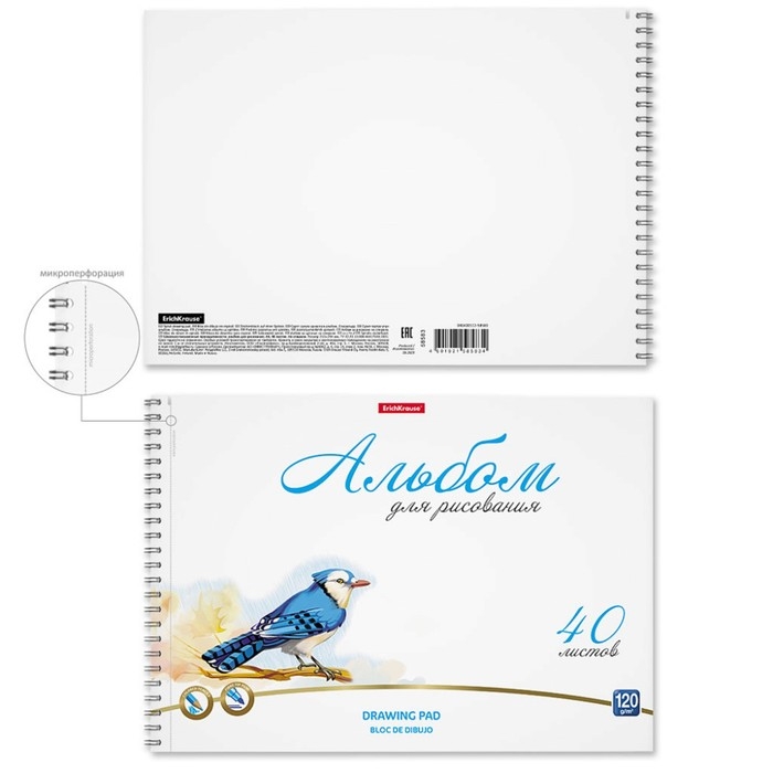 Альбом для рисования А4, 40 листов на спирали, Erich Krause Birds, блок 120 г/м&sup2;, 100% белизна, перфорация для отрыва, твёрдая подложка