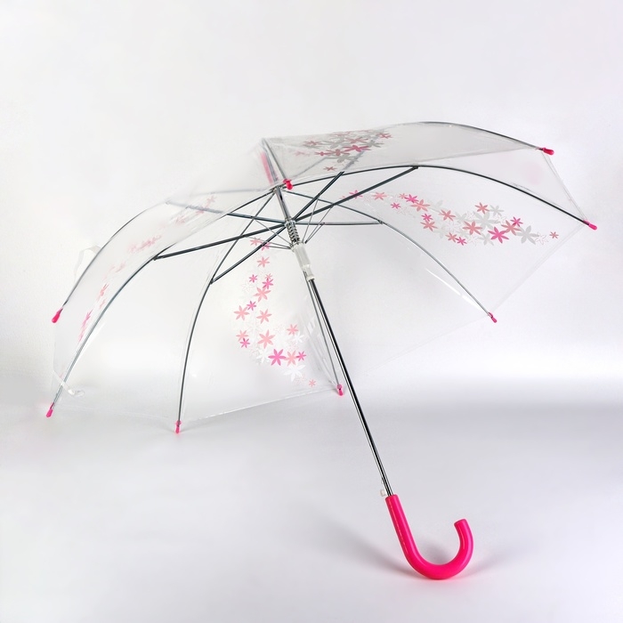 Зонт - трость полуавтоматический &laquo;Цветы&raquo;, 8 спиц, R = 45/53 см, D = 106 см, цвет прозрачный/розовый