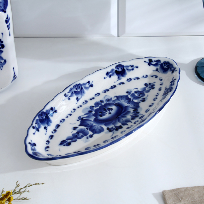 Селёдочница &laquo;Цветок&raquo;, 27&times;13&times;2 см, гжель