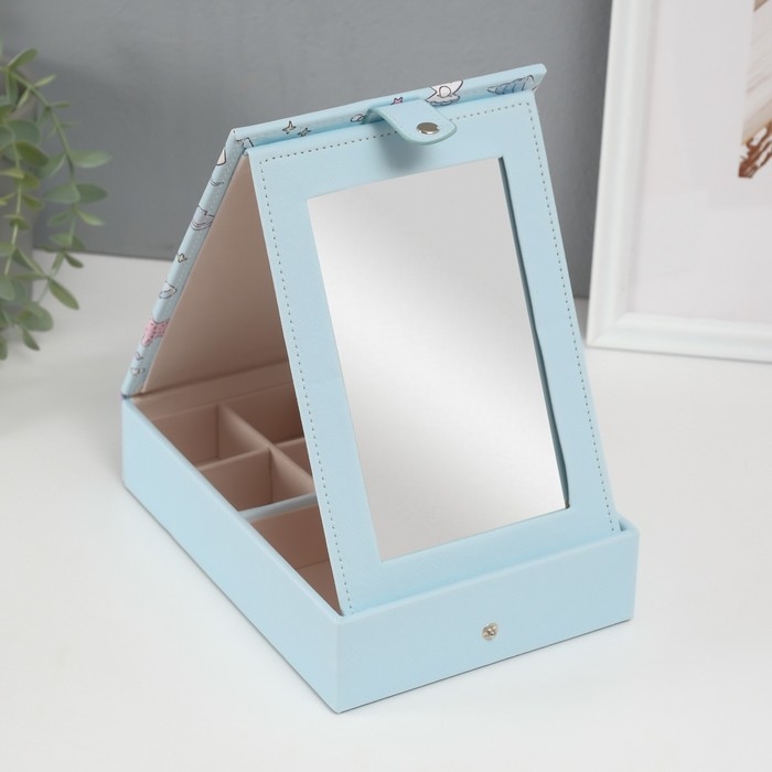 Шкатулка кожзам для украшений с зеркалом "Панда и ракушки" голубая 15х21,5х5,5 см