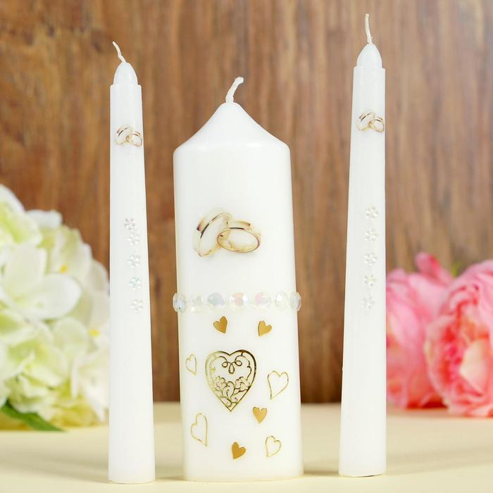 Набор свадебных свечей с бусинами Набор свадебных свечей с бусинами "Обручальные кольца", белый, ручная работа, микс