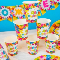 Набор бумажной посуды одноразовый С днём рождения. Яркие звёзды&raquo;: 6 тарелок, 6 стаканов, 6 колпаков, 1 гирлянда