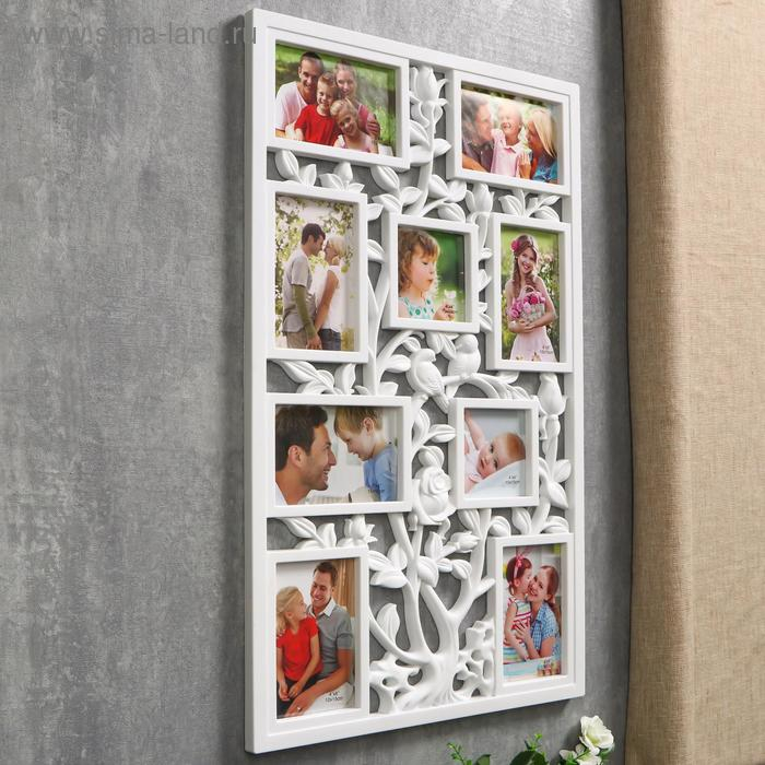 Фоторамка пластик на 9 фото 10х10, 10х15 см Фоторамка пластик на 9 фото 10х10, 10х15 см "Птицы на розовом кусте" белая 65х40,5 см