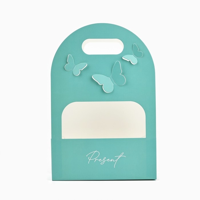 Переноска для цветов с вырезными бабочками «Подарок!», тиффани 20 × 30 × 8 см Переноска для цветов с вырезными бабочками «Подарок!», тиффани 20 × 30 × 8 см