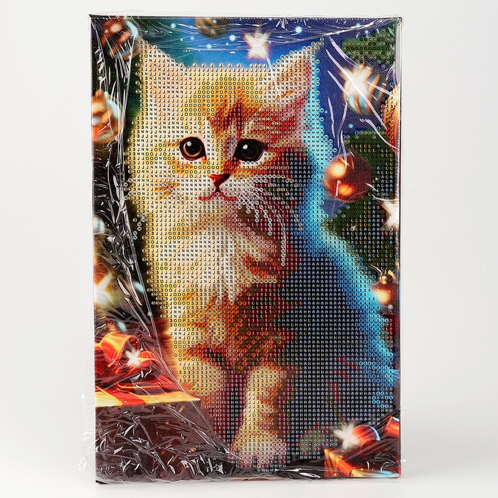 Алмазная мозаика на новый год с частичным заполнением на подрамнике «Котенок», 20 х 30 см, с гирляндой, новогодний набор для творчества Алмазная мозаика на новый год с частичным заполнением на подрамнике «Котенок», 20 х 30 см, с гирляндой, новогодний набор для творчества