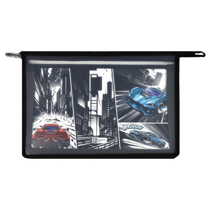 Папка для труда А4, молния сверху, пластиковая, Феникс Папка для труда А4, молния сверху, пластиковая, Феникс "Гонки" чёрная