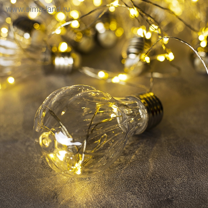 Гирлянда &laquo;Нить&raquo; 3 м роса с насадками &laquo;Лампочки объёмные&raquo;, IP20, серебристая нить, 100 LED, свечение тёплое белое, 3.5 В