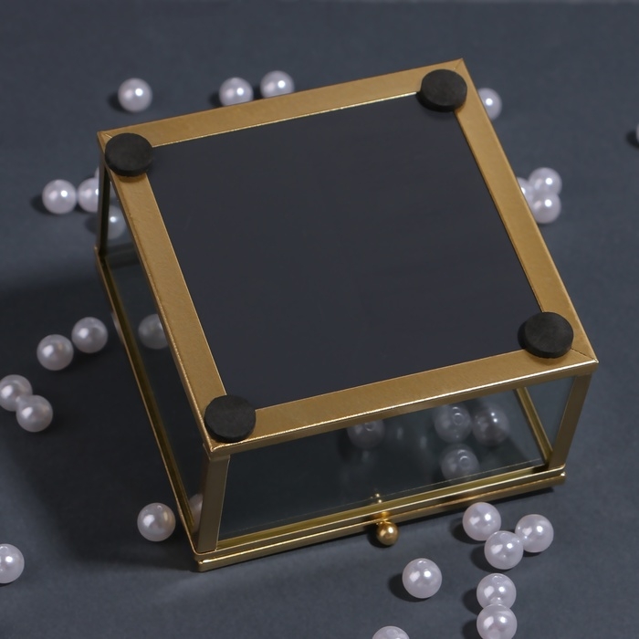 Органайзер для хранения &laquo;MOUNTAINS&raquo;, с крышкой, стеклянный, с зеркальным дном, 1 секция, 10 &times; 10 &times; 6 см, цвет прозрачный/медный