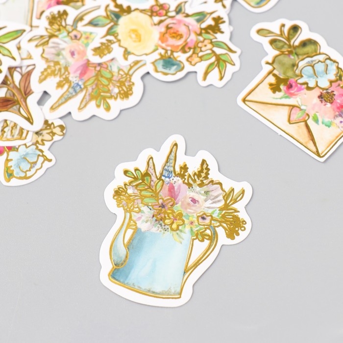 Наклейки для творчества Наклейки для творчества "Акварельные цветы" тиснение золото набор 48 шт 9х7х0,8 см