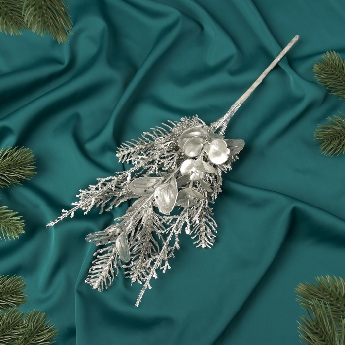 Декор Декор "Новогодняя грация" веточка листочки, 37х14 см, серебро