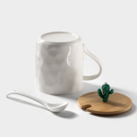 Кружка керамическая с деревянной крышкой и ложкой «Кактус», 380 мл, цвет МИКС Кружка керамическая с деревянной крышкой и ложкой «Кактус», 380 мл, цвет МИКС