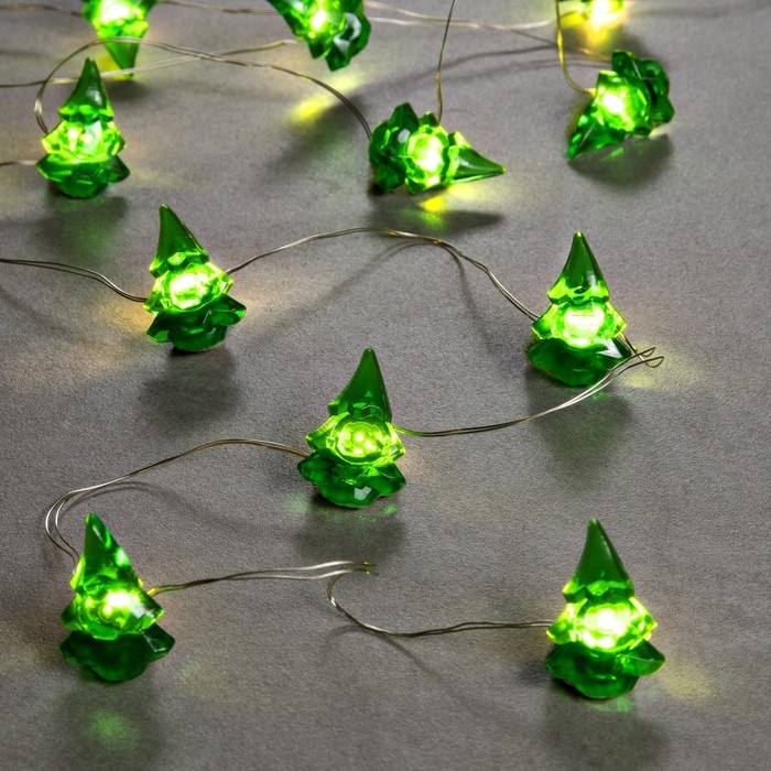 Гирлянда &laquo;Нить&raquo; 2 м роса с насадками &laquo;Ёлочка&raquo;, IP20, серебристая нить, 20 LED, 2 режима, батарейки ААх2 (нет в комплекте), свечение тёплое белое